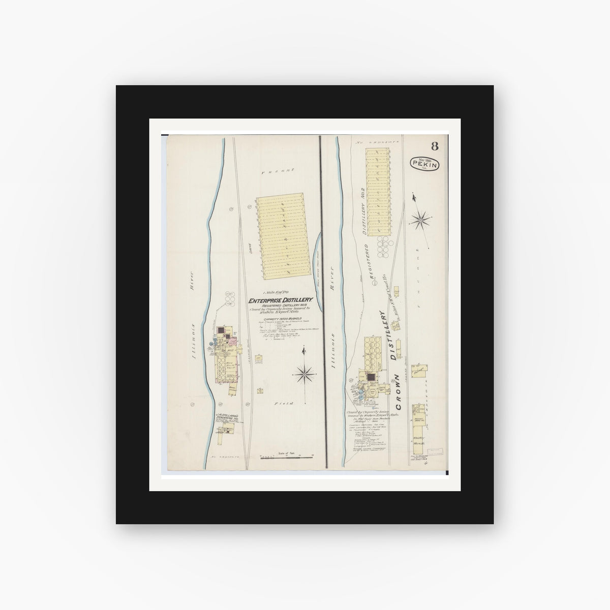 Old map wall art mockup — black gallery frame with white mat — Sanborn Fire Insurance Map from Pekin, Tazewell County, Illinois (1885), Sheet #0008