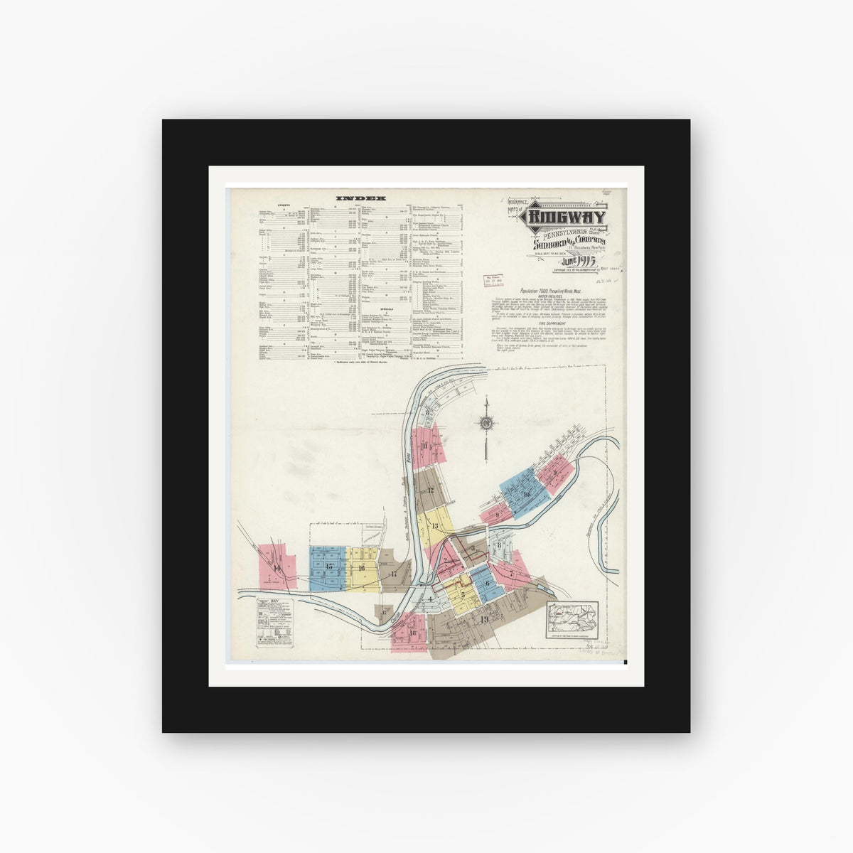 Old map wall art mockup — black gallery frame with white mat — Sanborn Fire Insurance Map from Ridgway, Elk County, Pennsylvania (1915) - Complete Map Set