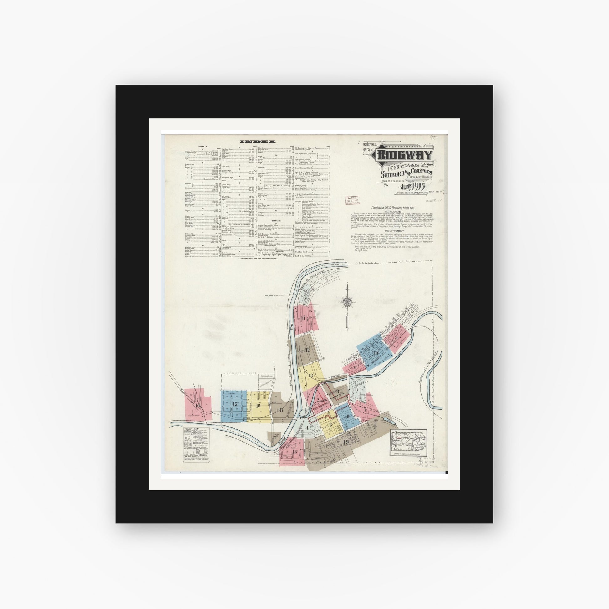 Old map wall art mockup — black gallery frame with white mat — Sanborn Fire Insurance Map from Ridgway, Elk County, Pennsylvania (1915) - Complete Map Set