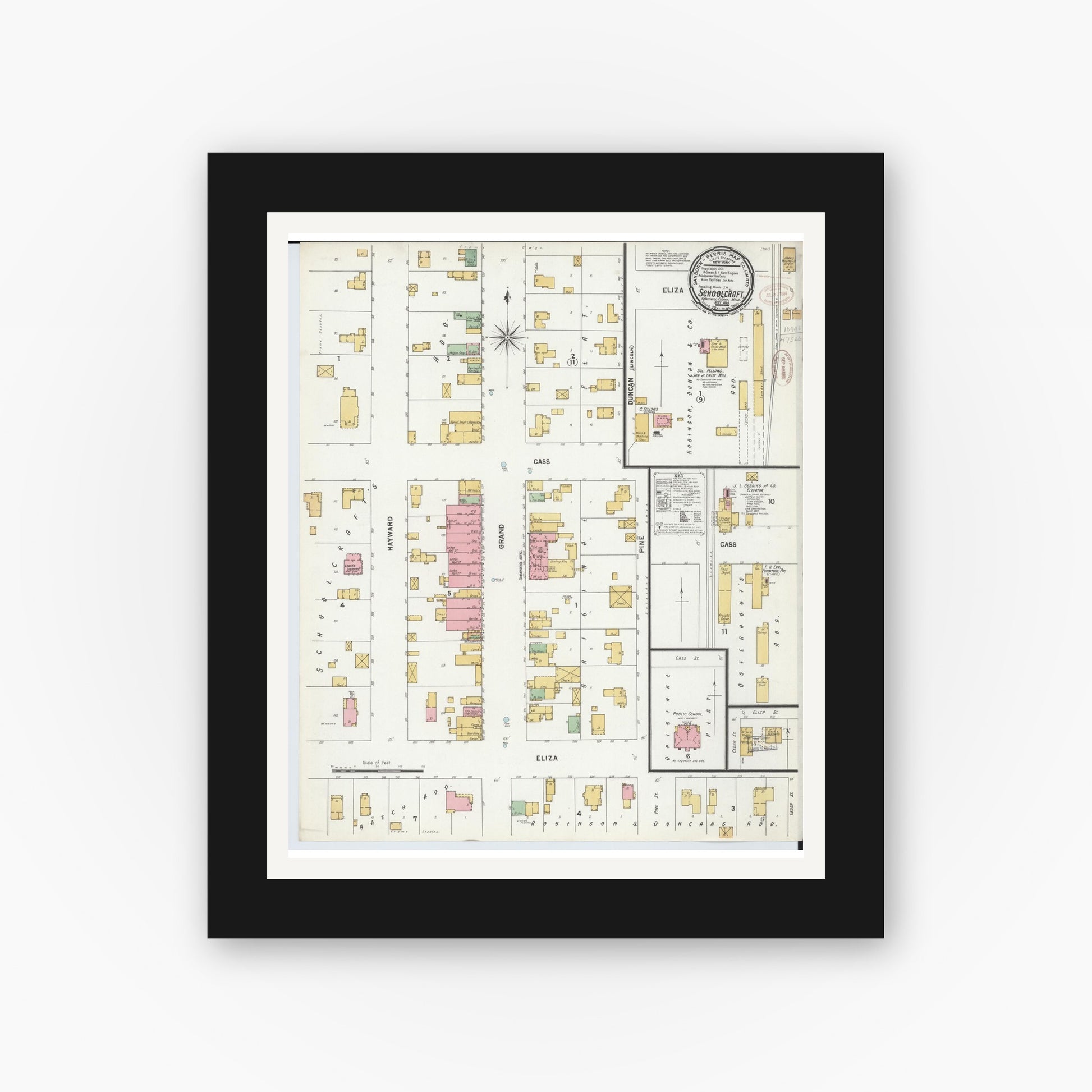 Old map wall art mockup — black gallery frame with white mat — Sanborn Fire Insurance Map from Schoolcraft, Kalamazoo County, Michigan (1899), Sheet #0001