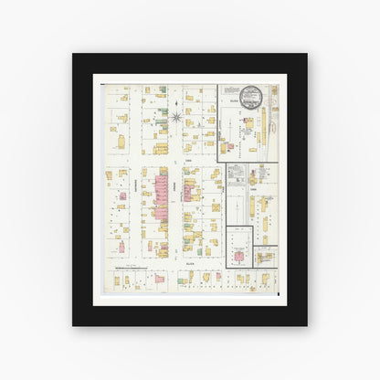 Old map wall art mockup — black gallery frame with white mat — Sanborn Fire Insurance Map from Schoolcraft, Kalamazoo County, Michigan (1899), Sheet #0001