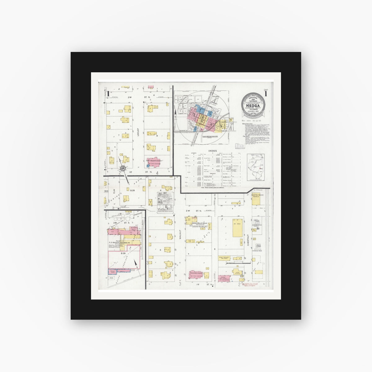 Old map wall art mockup — black gallery frame with white mat — Sanborn Fire Insurance Map from Neoga, Cumberland County, Illinois (1930) - Complete Map Set