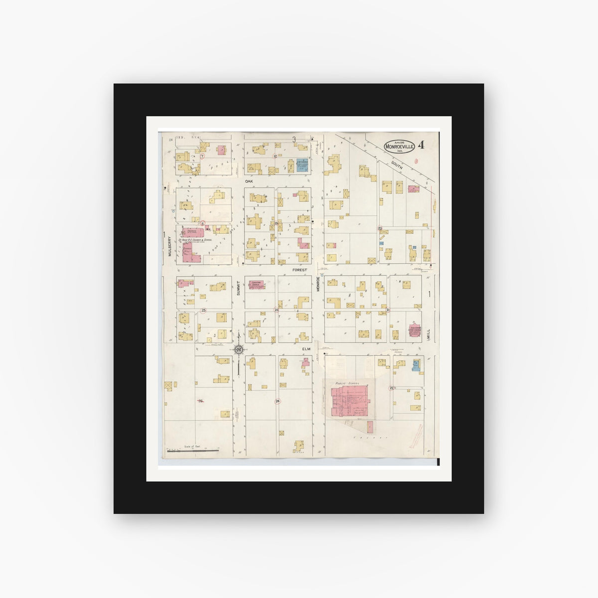 Old map wall art mockup — black gallery frame with white mat — Sanborn Fire Insurance Map from Monroeville, Allen County, Indiana (1932), Sheet #0004