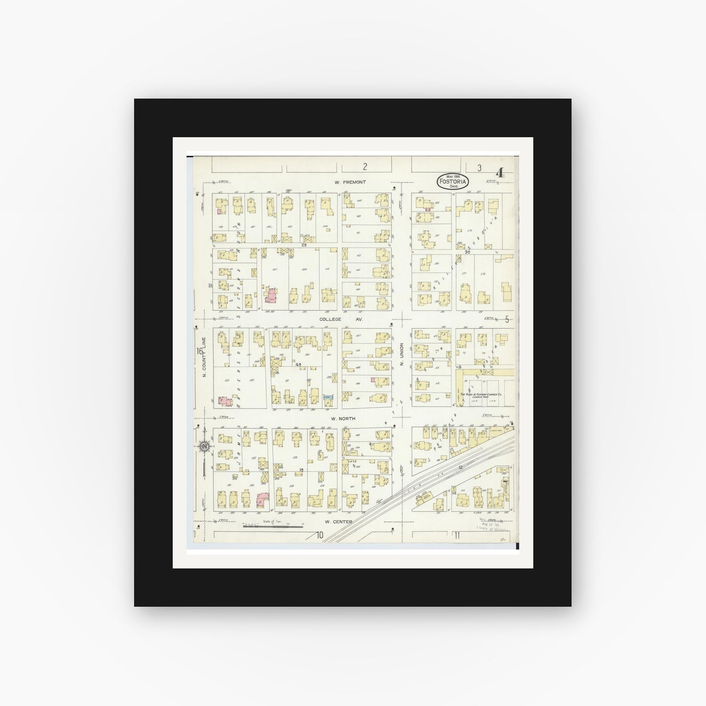 Old map wall art mockup — black gallery frame with white mat — Sanborn Fire Insurance Map from Fostoria, Seneca, Hancock, And Wood Counties, Ohio (1914), Sheet #0004
