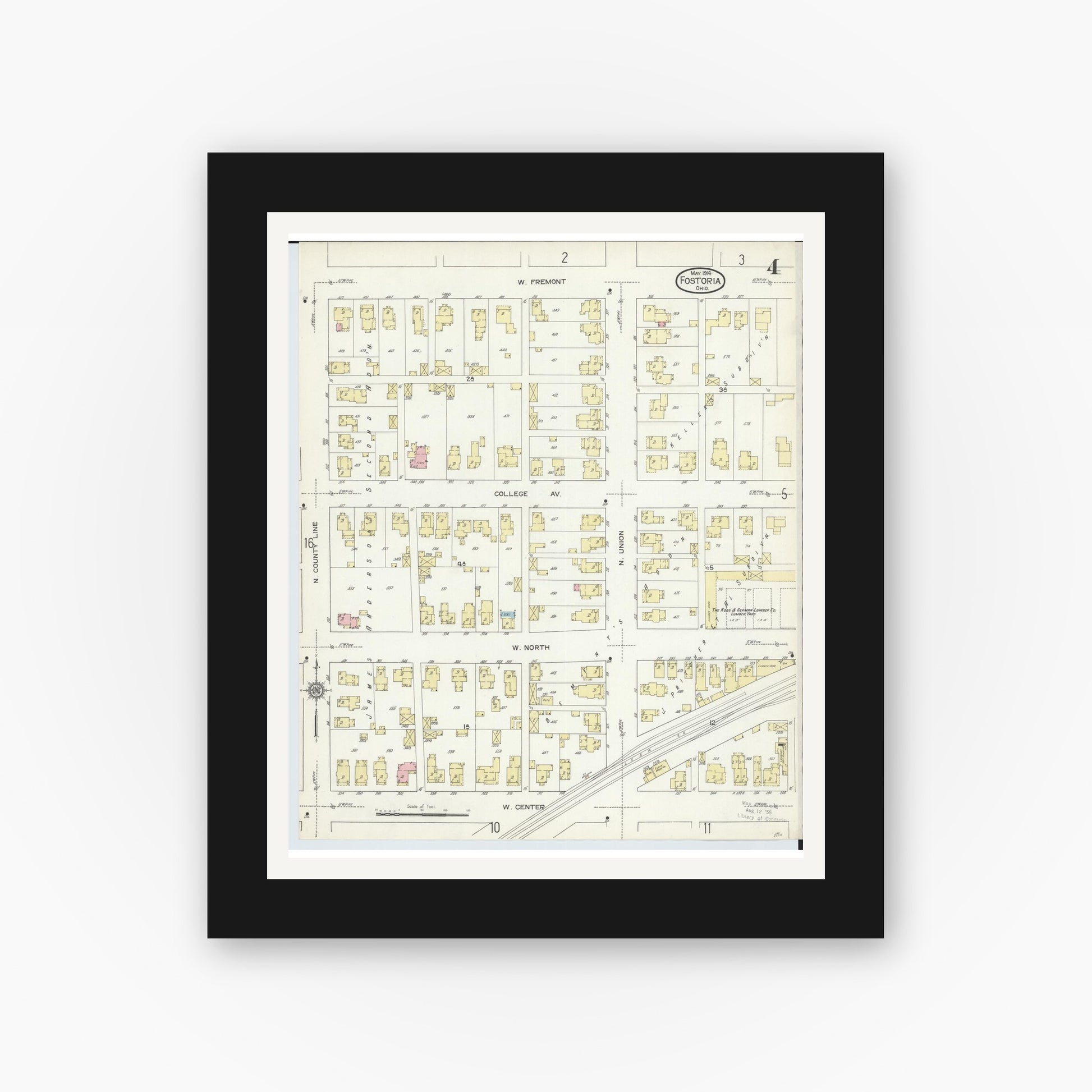 Old map wall art mockup — black gallery frame with white mat — Sanborn Fire Insurance Map from Fostoria, Seneca, Hancock, And Wood Counties, Ohio (1914), Sheet #0004