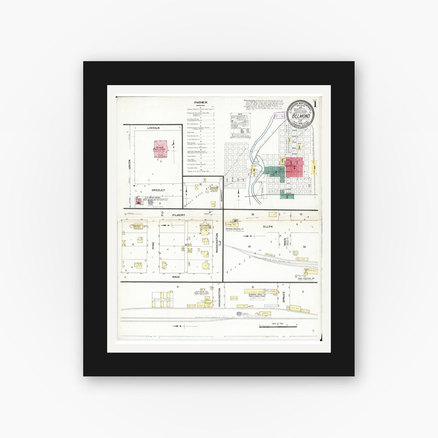 Old map wall art mockup — black gallery frame with white mat — Sanborn Fire Insurance Map from Belmond, Wright County, Iowa (1909), Sheet #0001