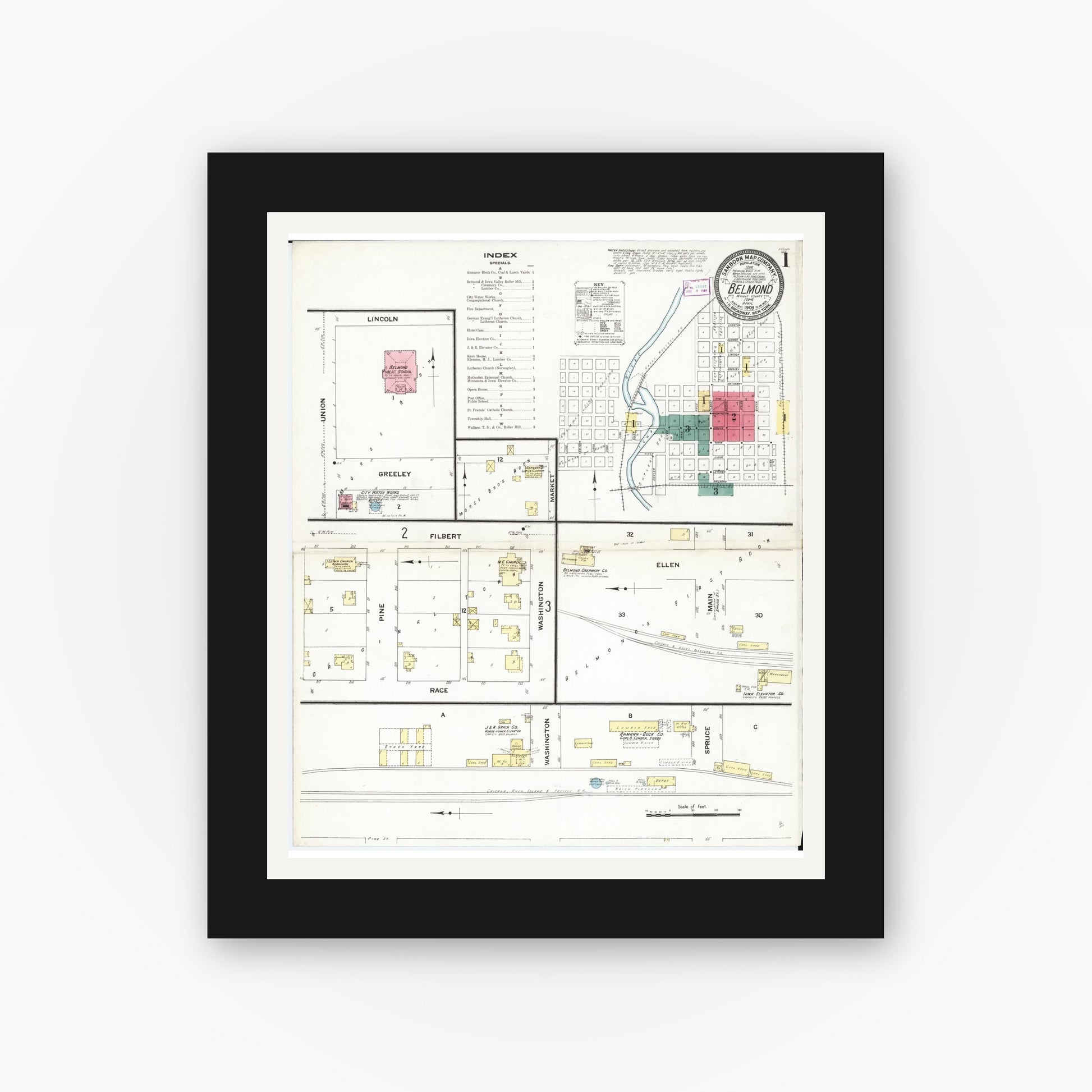 Old map wall art mockup — black gallery frame with white mat — Sanborn Fire Insurance Map from Belmond, Wright County, Iowa (1909), Sheet #0001