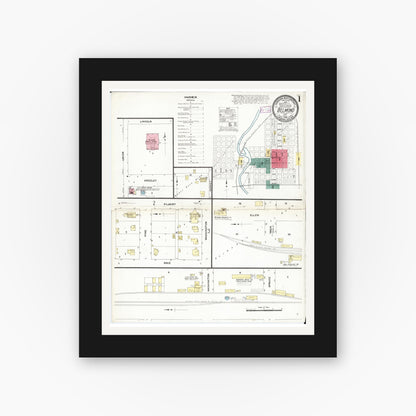 Old map wall art mockup — black gallery frame with white mat — Sanborn Fire Insurance Map from Belmond, Wright County, Iowa (1909), Sheet #0001