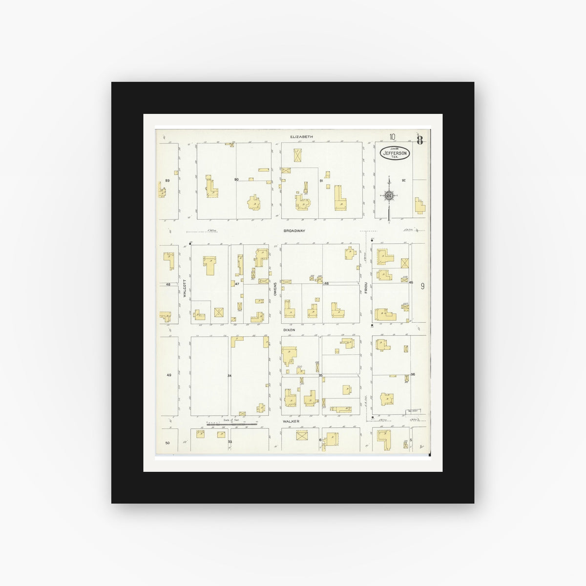 Old map wall art mockup — black gallery frame with white mat — Sanborn Fire Insurance Map from Jefferson, Marion County, Texas (1911), Sheet #0008