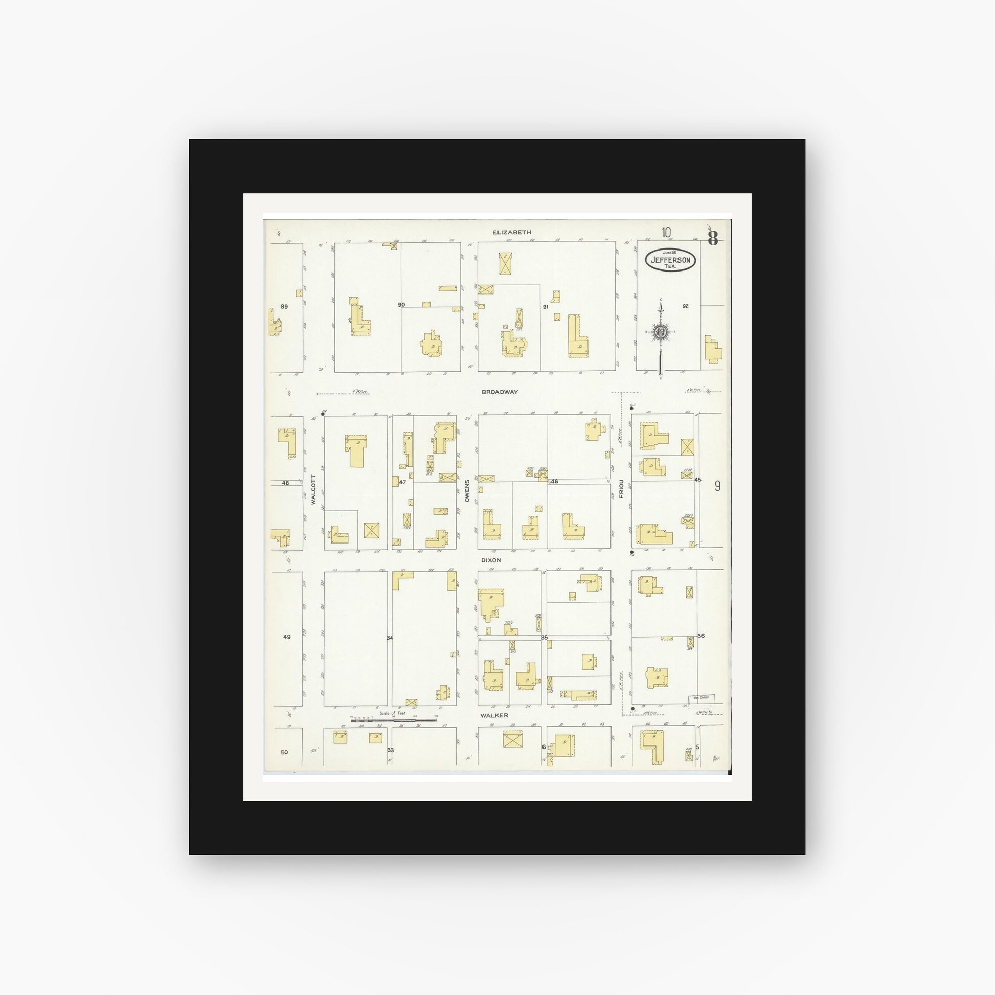 Old map wall art mockup — black gallery frame with white mat — Sanborn Fire Insurance Map from Jefferson, Marion County, Texas (1911), Sheet #0008