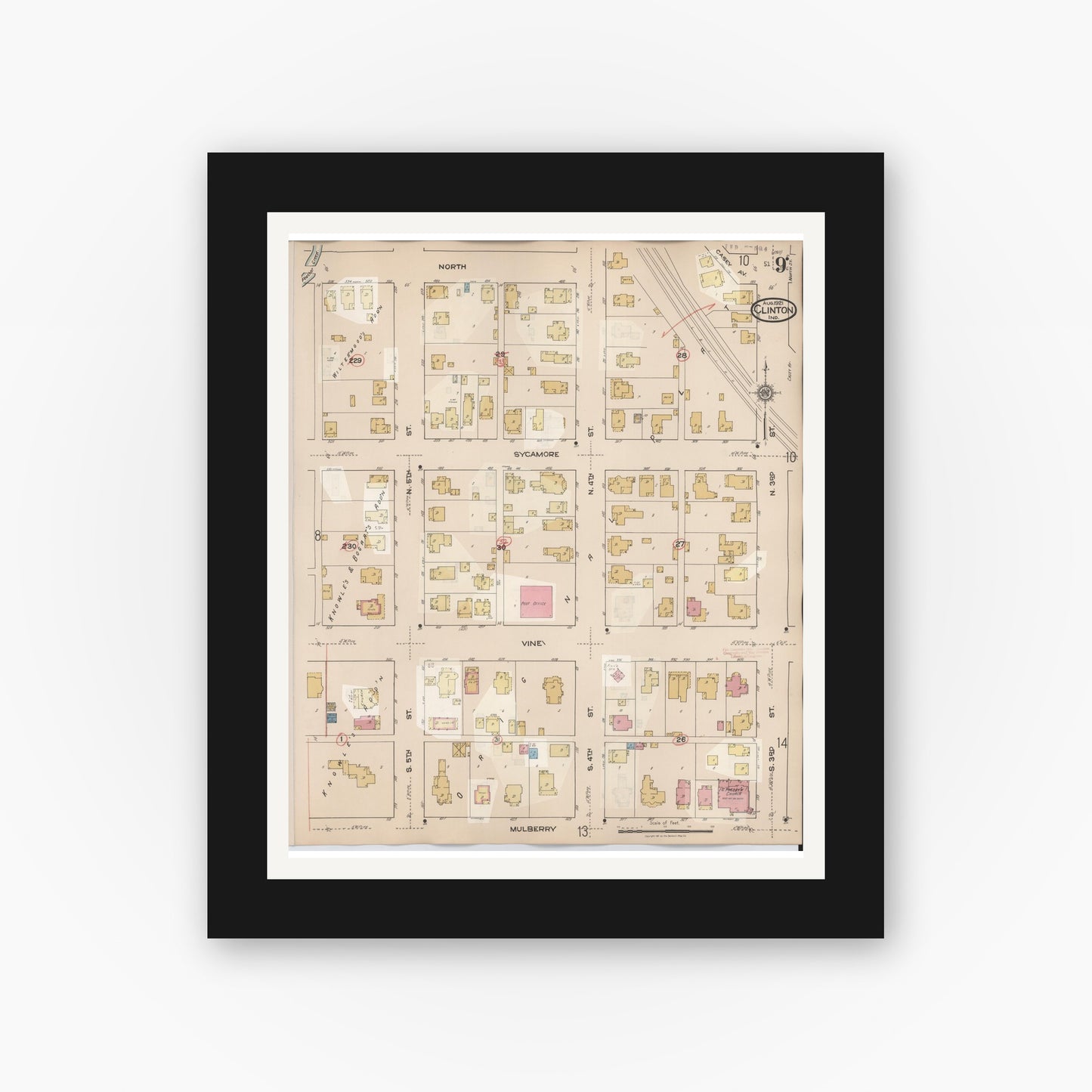 Old map wall art mockup — black gallery frame with white mat — Sanborn Fire Insurance Map from Clinton, Vermillion County, Indiana (1947), Sheet #0009
