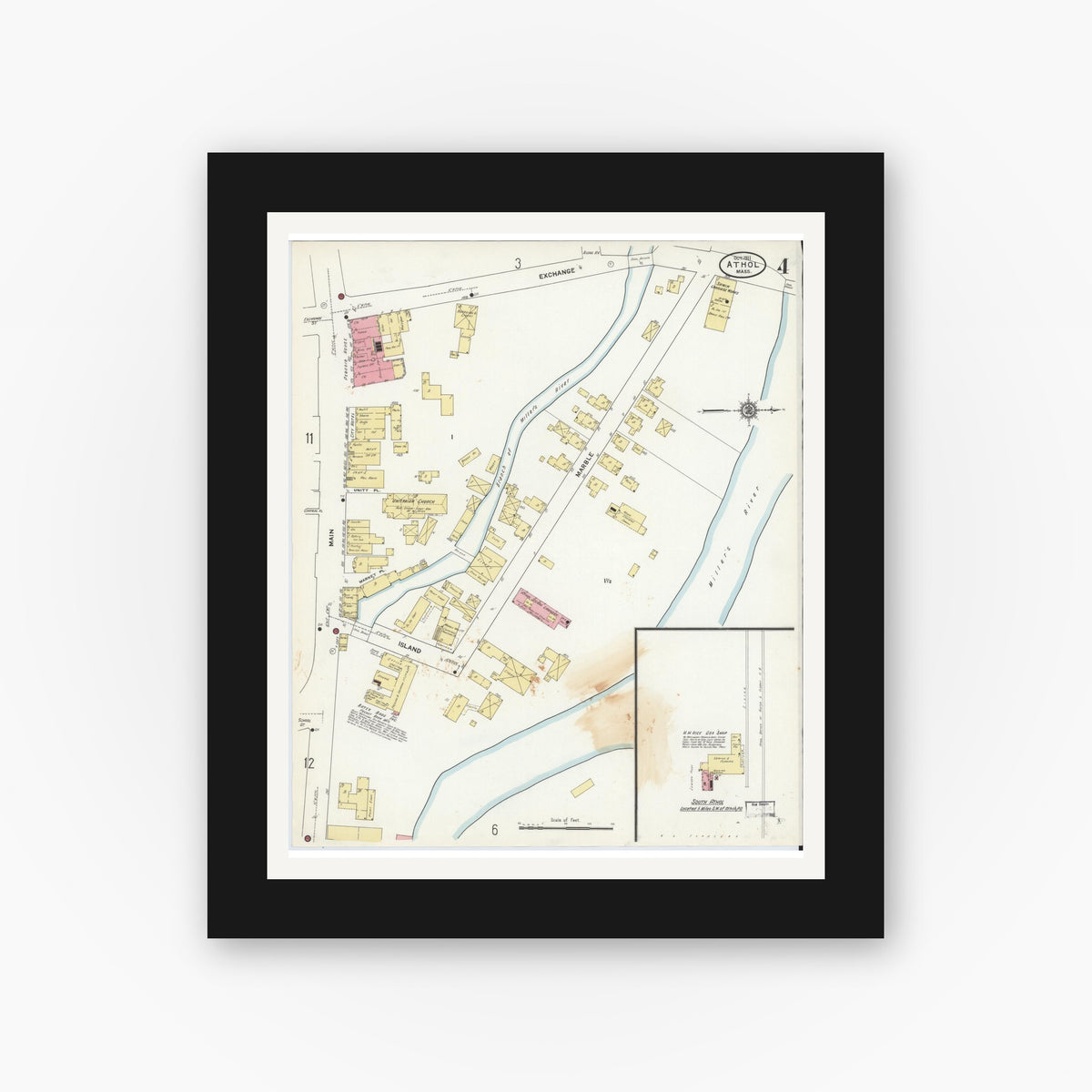 Old map wall art mockup — black gallery frame with white mat — Sanborn Fire Insurance Map from Athol, Worcester County, Massachusetts (1911), Sheet #0004
