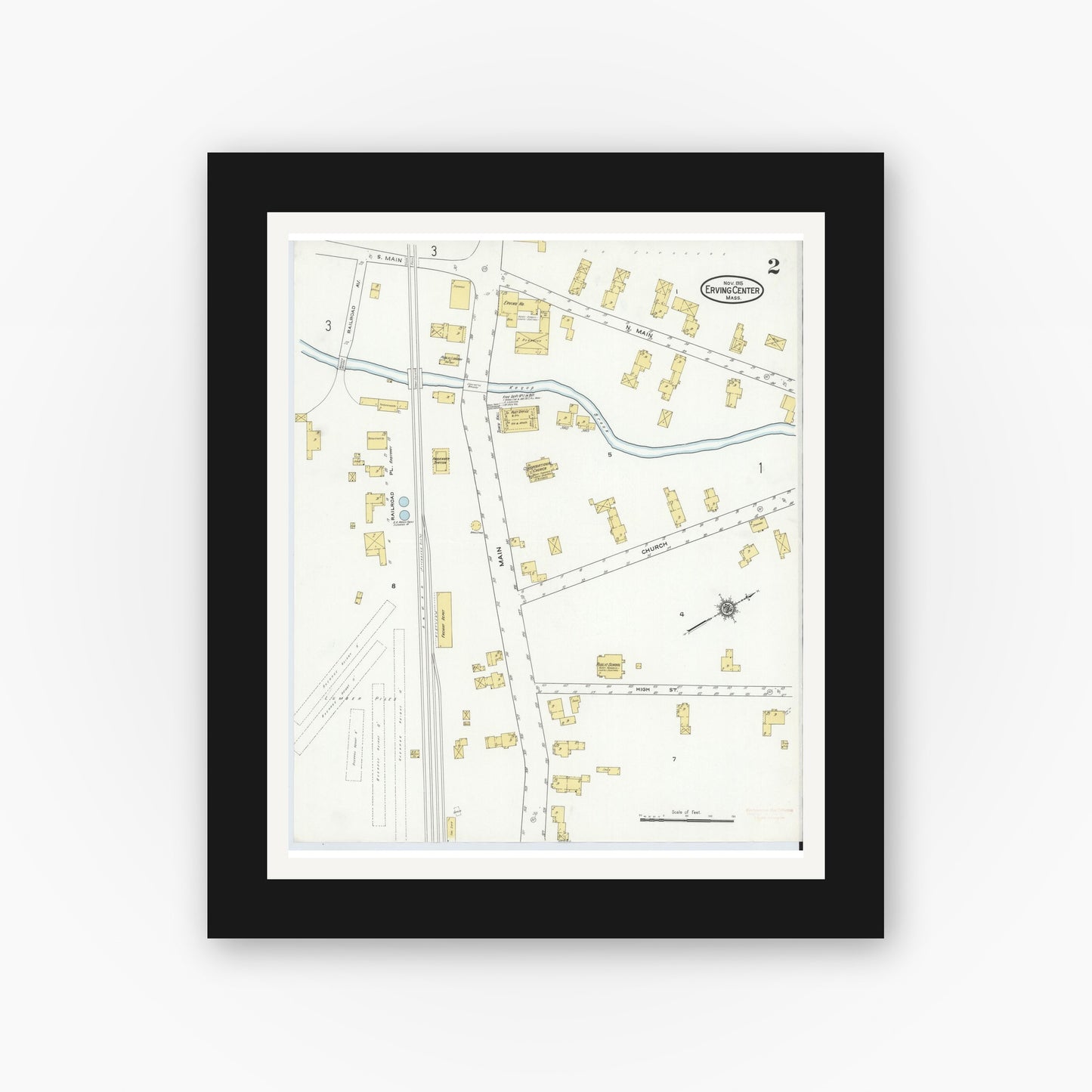 Old map wall art mockup — black gallery frame with white mat — Sanborn Fire Insurance Map from Erving Center, Franklin County, Massachusetts (1915), Sheet #0002