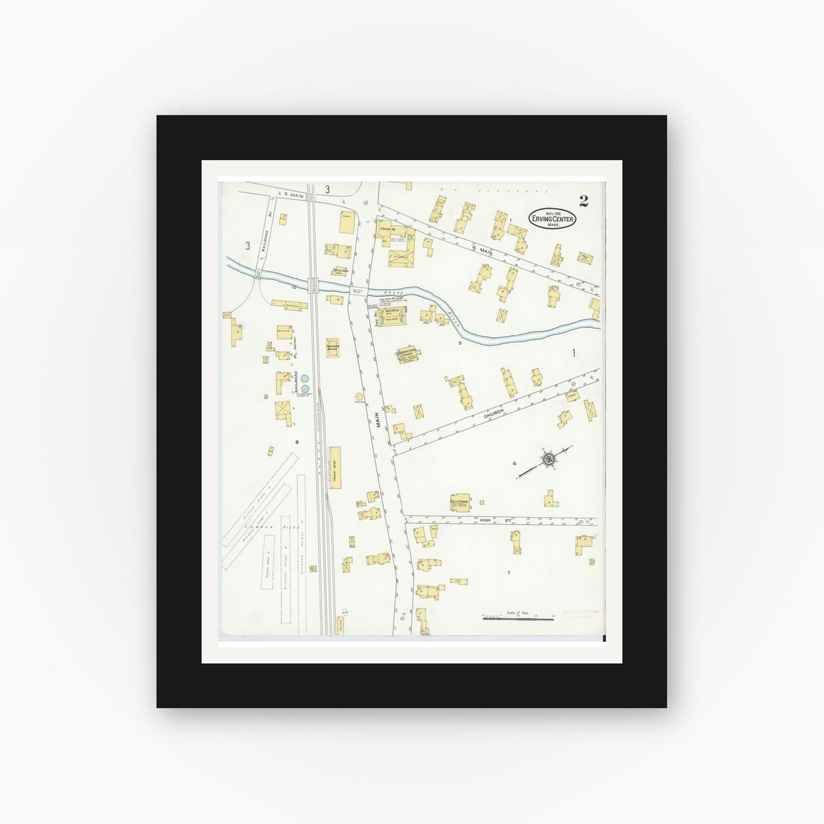 Old map wall art mockup — black gallery frame with white mat — Sanborn Fire Insurance Map from Erving Center, Franklin County, Massachusetts (1915), Sheet #0002