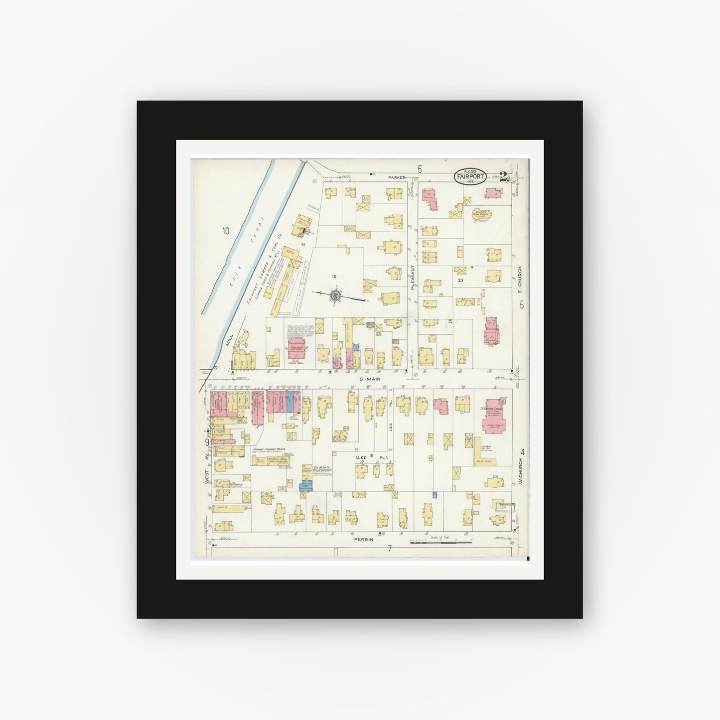 Old map wall art mockup — black gallery frame with white mat — Sanborn Fire Insurance Map from Fairport, Monroe County, New York (1915), Sheet #0002