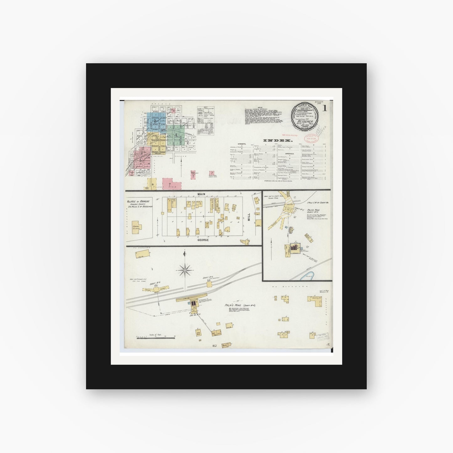 Old map wall art mockup — black gallery frame with white mat — Sanborn Fire Insurance Map from Bessemer, Gogebic County, Michigan (1898) - Complete Map Set