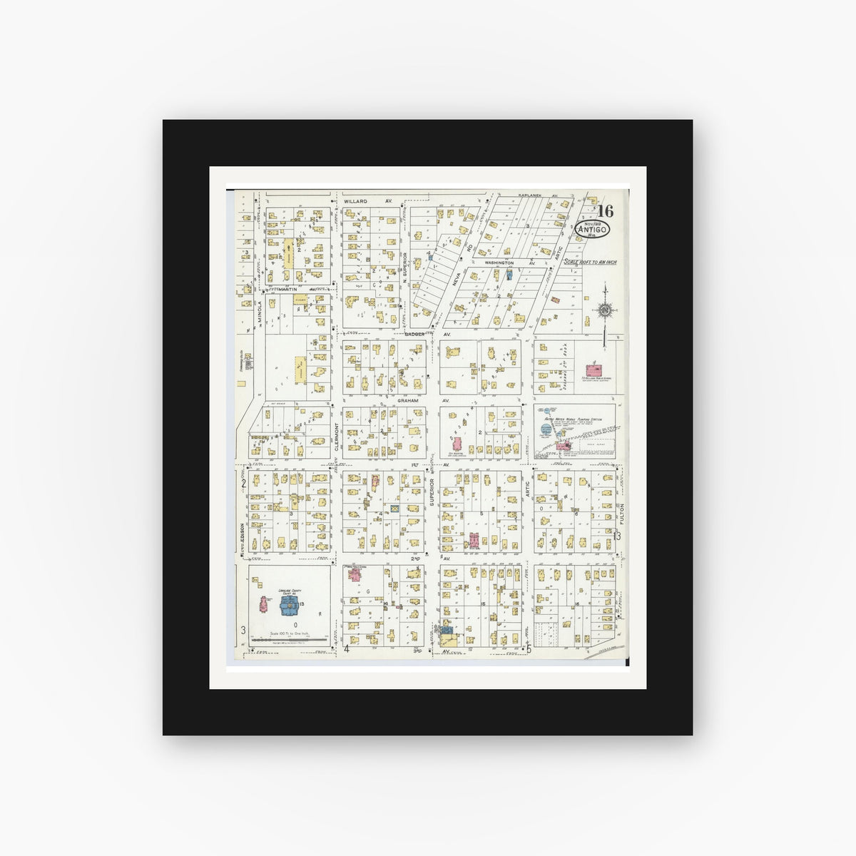 Old map wall art mockup — black gallery frame with white mat — Sanborn Fire Insurance Map from Antigo, Langlade County, Wisconsin (1919), Sheet #0016