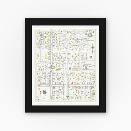 Old map wall art mockup — black gallery frame with white mat — Sanborn Fire Insurance Map from Antigo, Langlade County, Wisconsin (1919), Sheet #0016