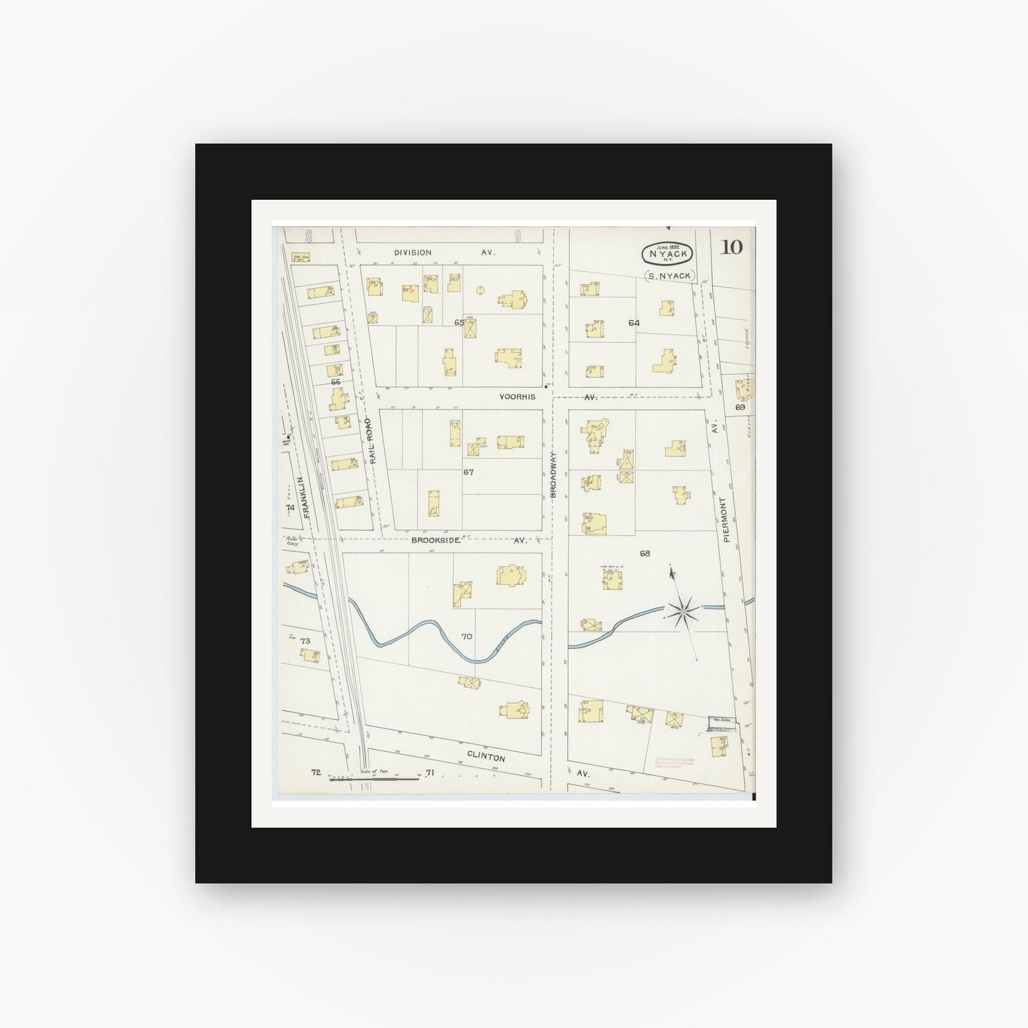 Old map wall art mockup — black gallery frame with white mat — Sanborn Fire Insurance Map from Nyack, Rockland County, New York. (1892), Sheet #0010