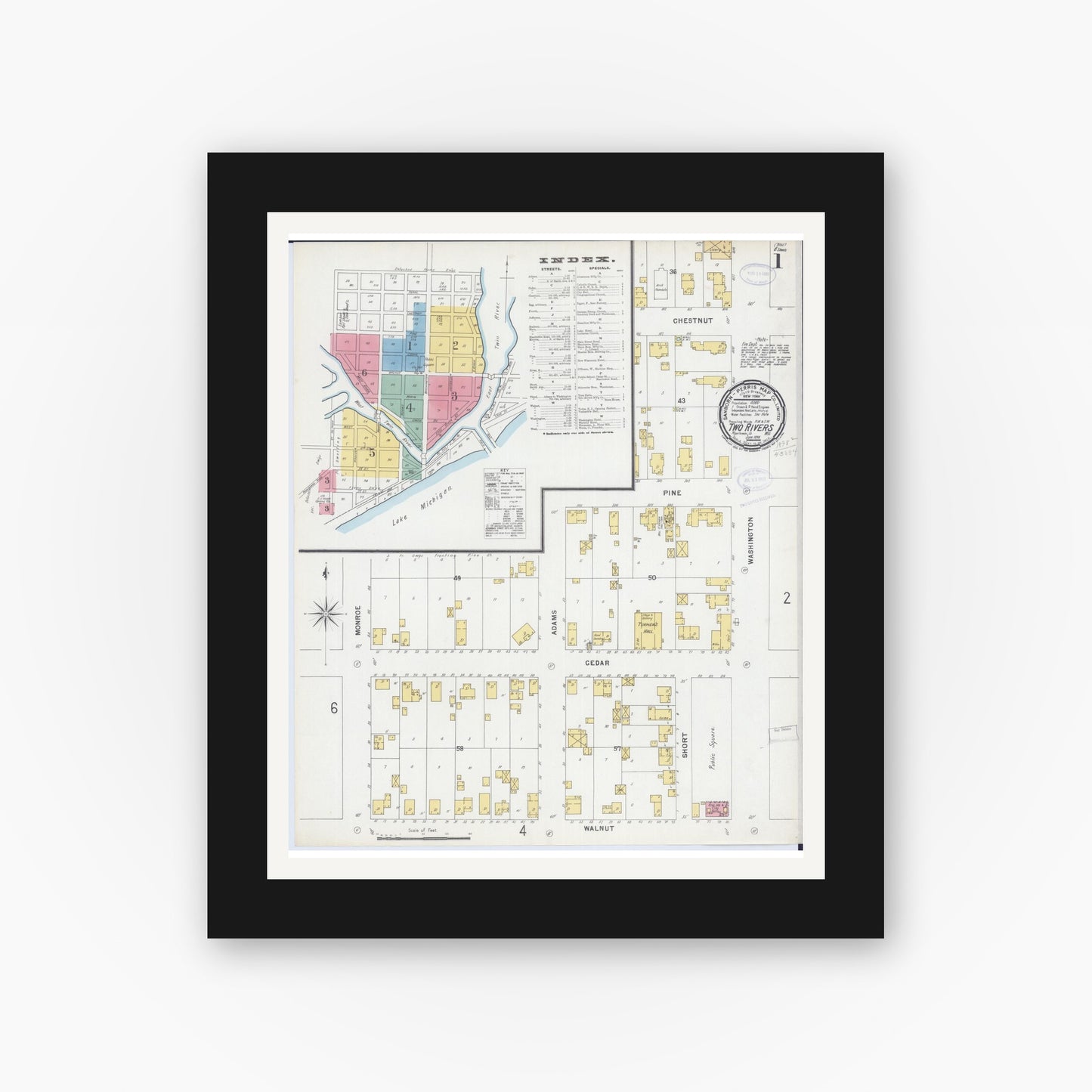 Old map wall art mockup — black gallery frame with white mat — Sanborn Fire Insurance Map from Two Rivers, Manitowoc County, Wisconsin (1898), Sheet #0001