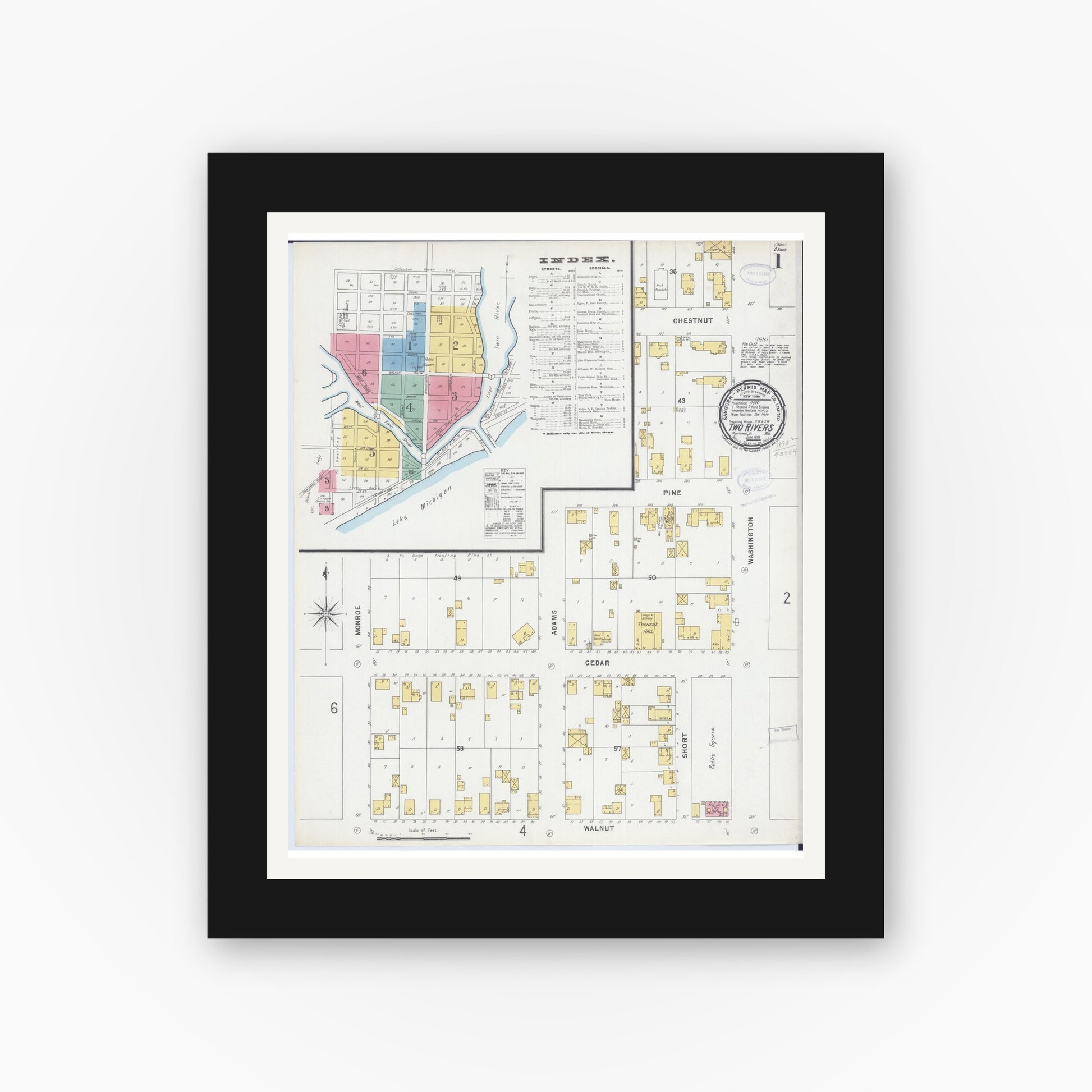 Old map wall art mockup — black gallery frame with white mat — Sanborn Fire Insurance Map from Two Rivers, Manitowoc County, Wisconsin (1898), Sheet #0001