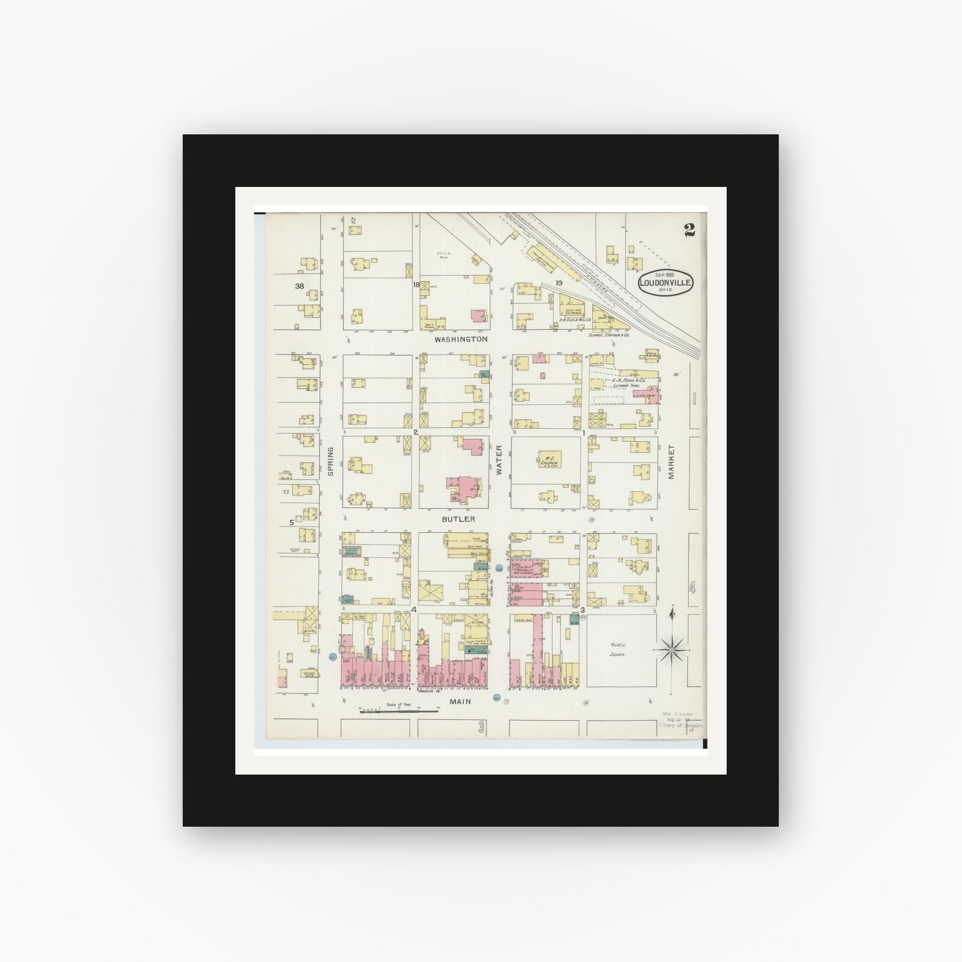 Old map wall art mockup — black gallery frame with white mat — Sanborn Fire Insurance Map from Loudonville, Ashland County, Ohio (1893), Sheet #0002