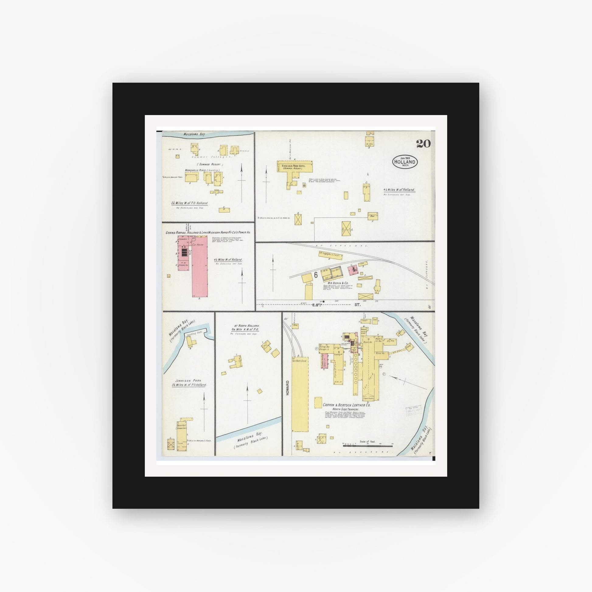 Old map wall art mockup — black gallery frame with white mat — Sanborn Fire Insurance Map from Holland, Ottawa County, Michigan (1902), Sheet #0020