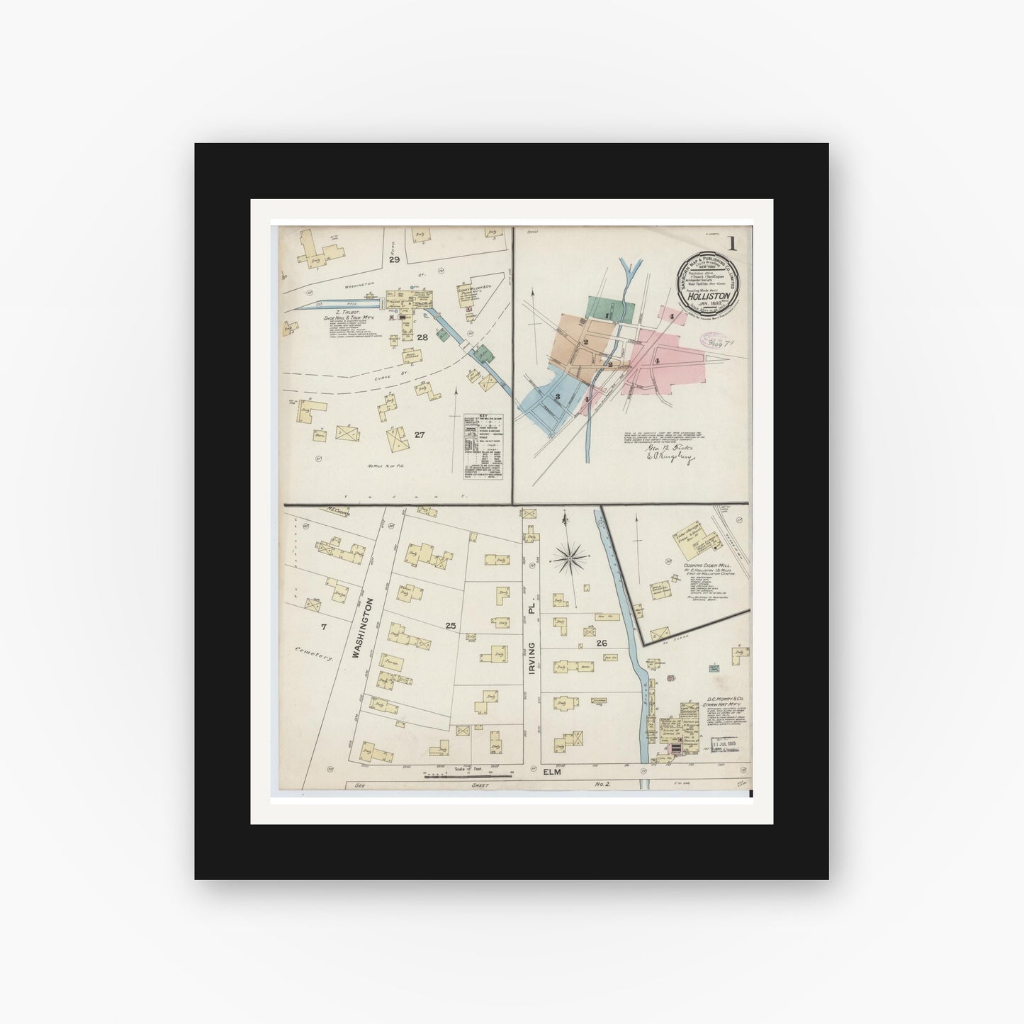 Old map wall art mockup — black gallery frame with white mat — Sanborn Fire Insurance Map from Holliston, Middlesex County, Massachusetts (1888) - Complete Map Set