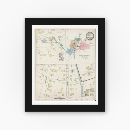 Old map wall art mockup — black gallery frame with white mat — Sanborn Fire Insurance Map from Holliston, Middlesex County, Massachusetts (1888) - Complete Map Set