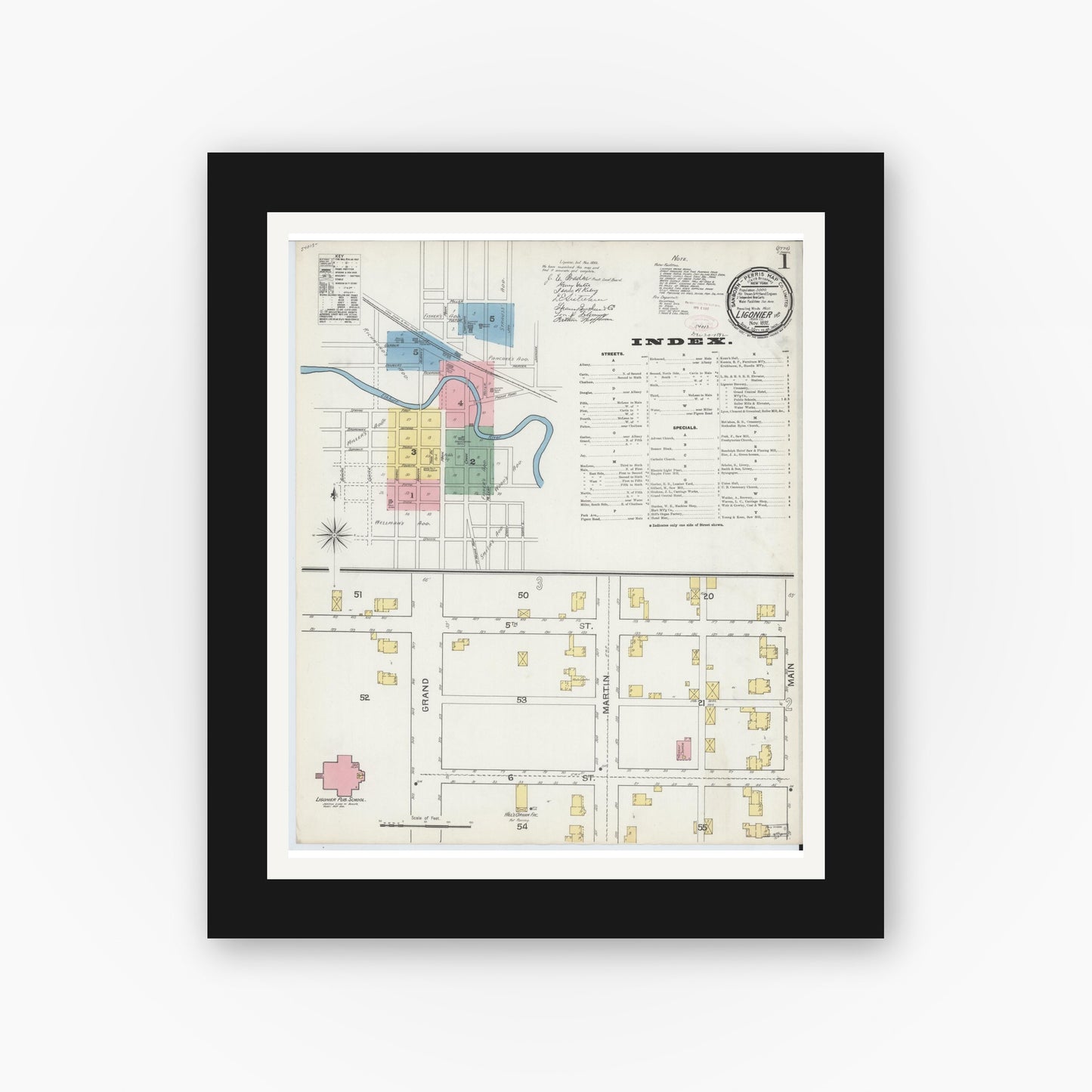 Old map wall art mockup — black gallery frame with white mat — Sanborn Fire Insurance Map from Ligonier, Noble County, Indiana (1892) - Complete Map Set
