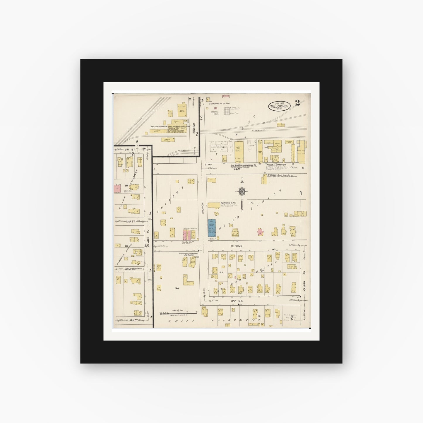 Old map wall art mockup — black gallery frame with white mat — Sanborn Fire Insurance Map from Willoughby, Lake County, Ohio (1922), Sheet #0002