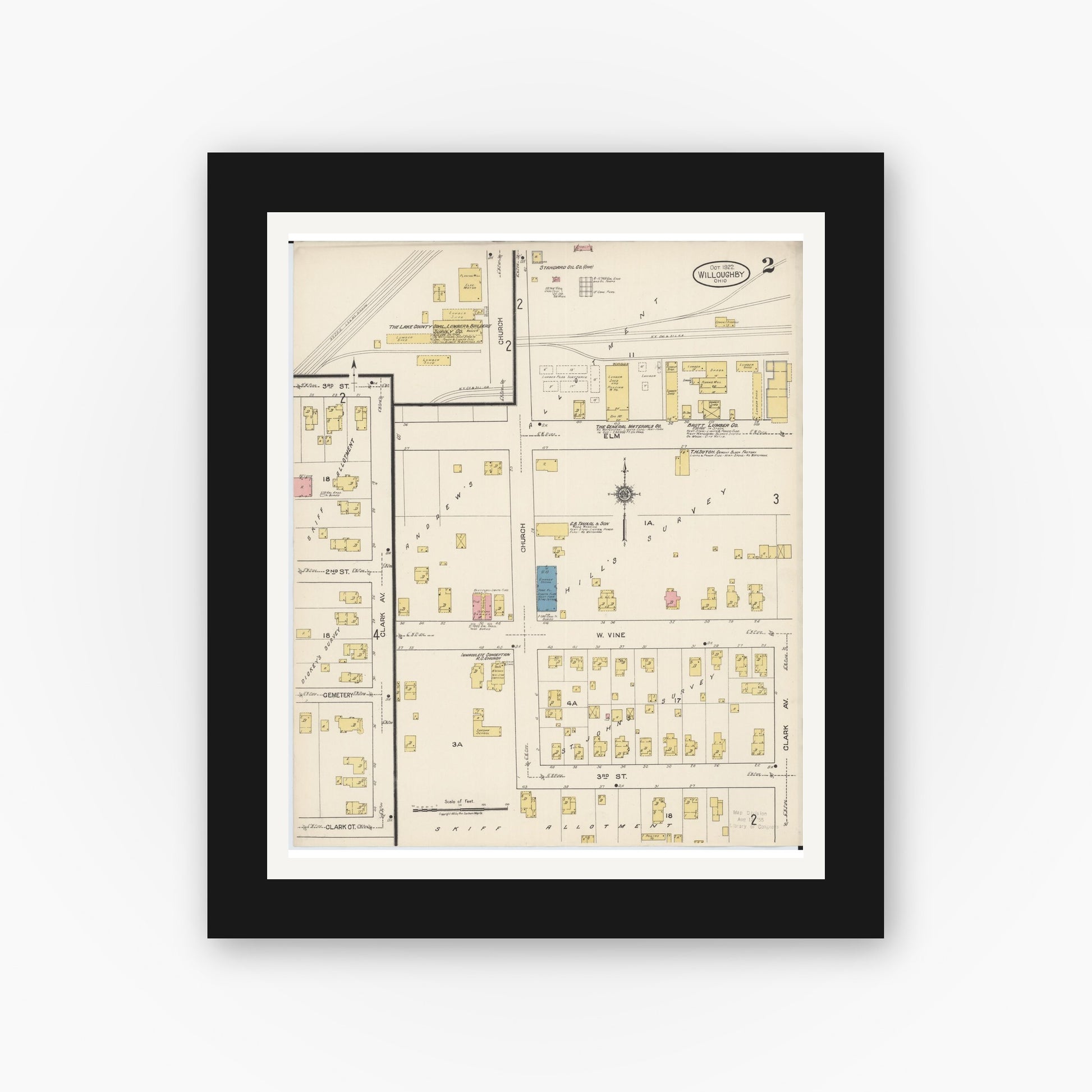 Old map wall art mockup — black gallery frame with white mat — Sanborn Fire Insurance Map from Willoughby, Lake County, Ohio (1922), Sheet #0002