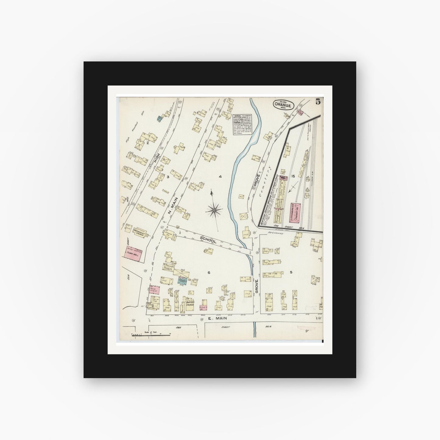 Old map wall art mockup — black gallery frame with white mat — Sanborn Fire Insurance Map from Orange, Franklin County, Massachusetts (1884), Sheet #0005