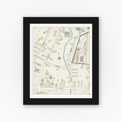 Old map wall art mockup — black gallery frame with white mat — Sanborn Fire Insurance Map from Orange, Franklin County, Massachusetts (1884), Sheet #0005