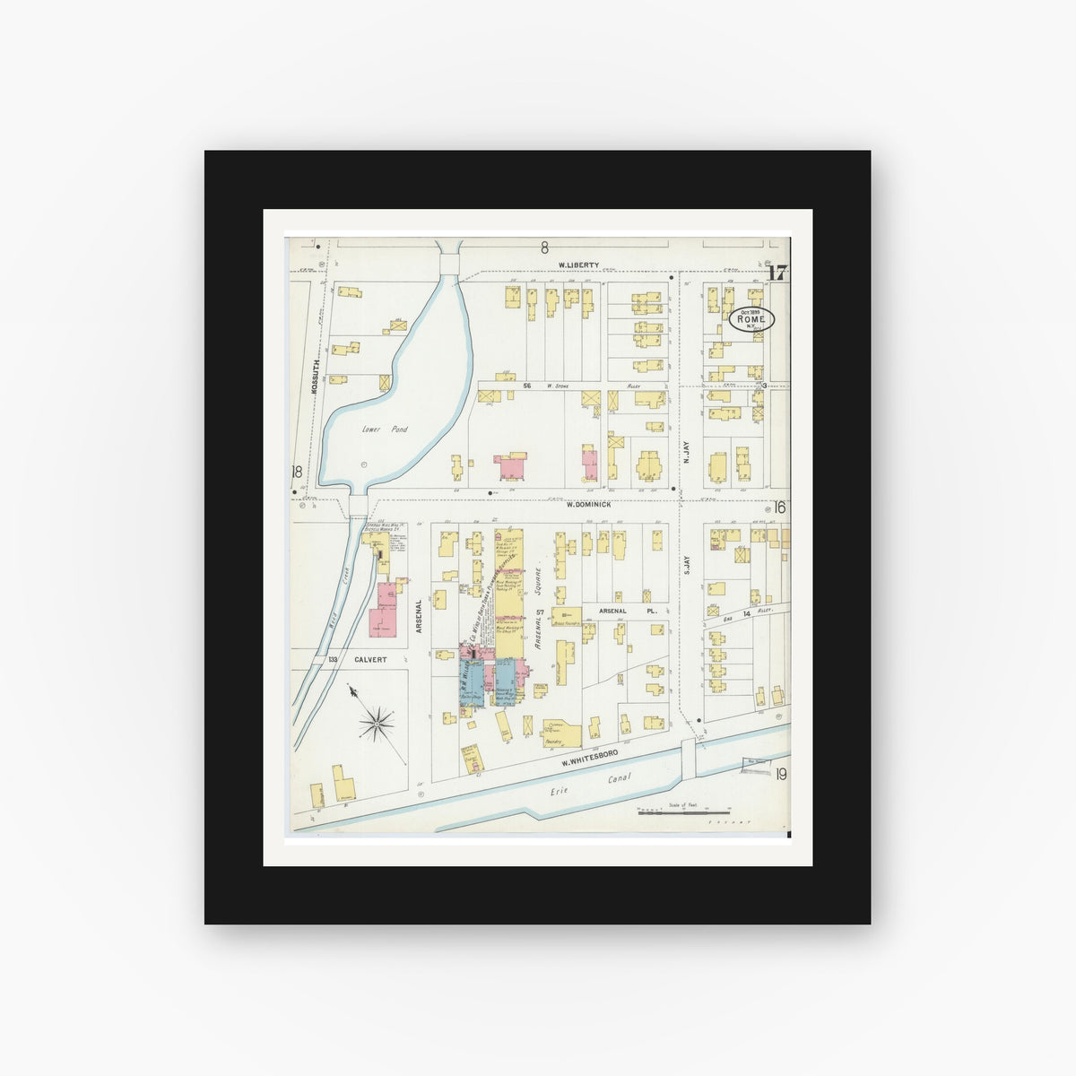 Old map wall art mockup — black gallery frame with white mat — Sanborn Fire Insurance Map from Rome, Oneida County, New York (1899), Sheet #0017