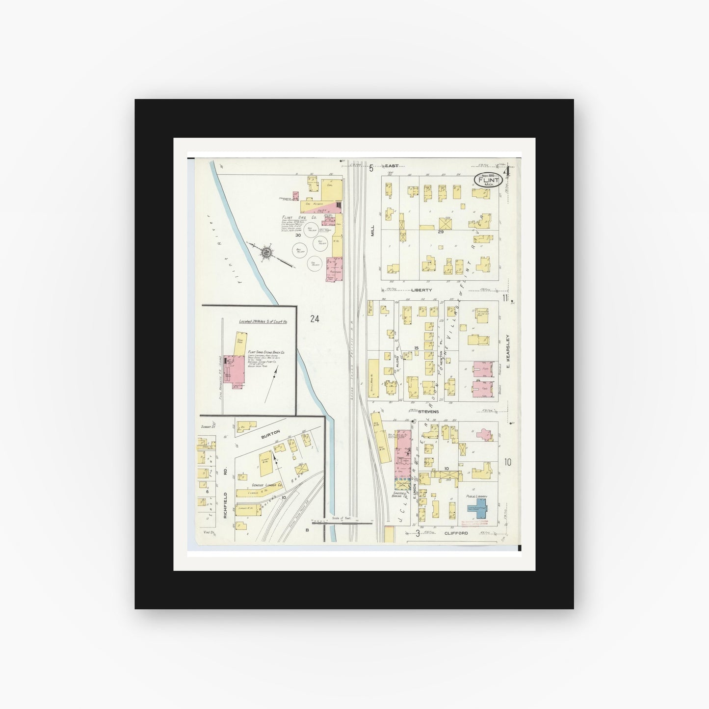 Old map wall art mockup — black gallery frame with white mat — Sanborn Fire Insurance Map from Flint, Genesee County, Michigan (1909), Sheet #0004