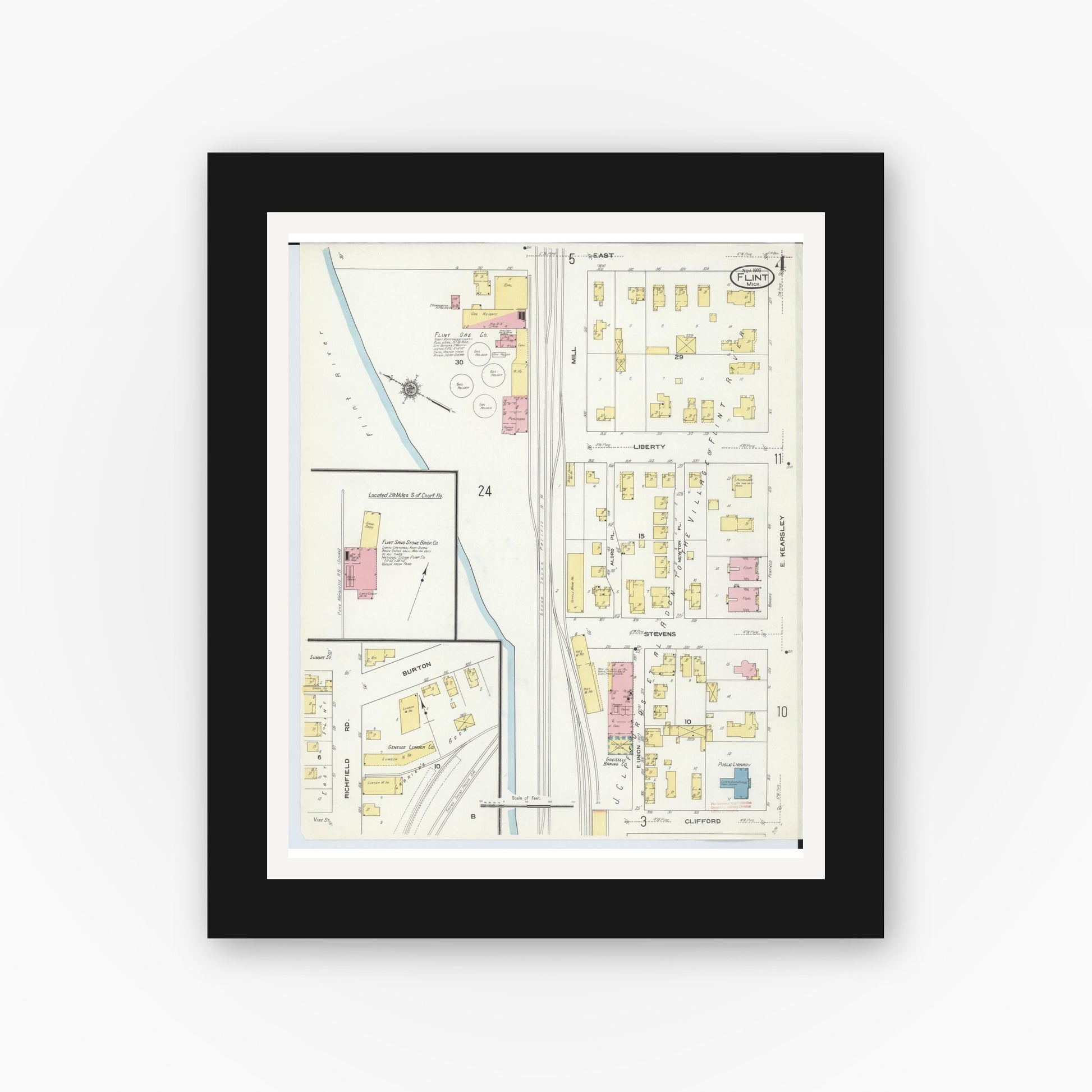 Old map wall art mockup — black gallery frame with white mat — Sanborn Fire Insurance Map from Flint, Genesee County, Michigan (1909), Sheet #0004
