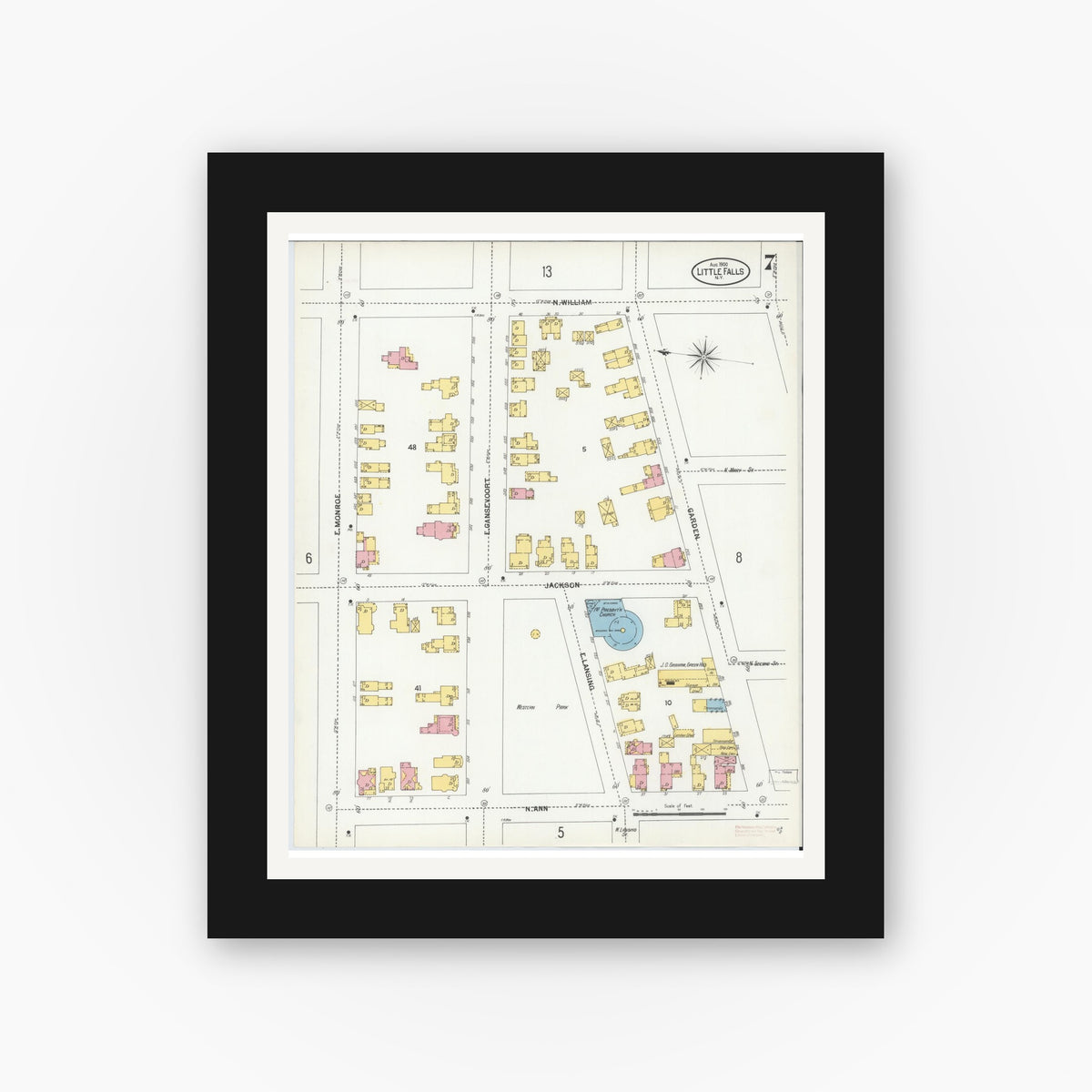 Old map wall art mockup — black gallery frame with white mat — Sanborn Fire Insurance Map from Little Falls, Herkimer County, New York (1900), Sheet #0007