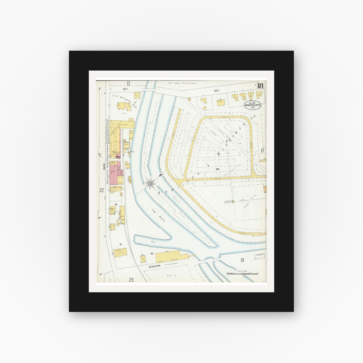 Old map wall art mockup — black gallery frame with white mat — Sanborn Fire Insurance Map from Marinette, Marinette County, Wisconsin (1901), Sheet #0018