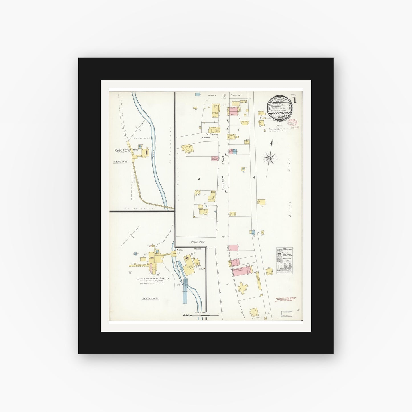 Old map wall art mockup — black gallery frame with white mat — Sanborn Fire Insurance Map from Copperopolis, Calaveras County, California (1895) - Complete Map Set