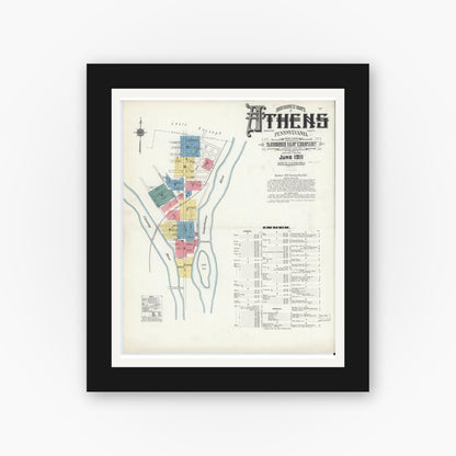 Old map wall art mockup — black gallery frame with white mat — Sanborn Fire Insurance Map from Athens, Bradford County, Pennsylvania (1911) - Complete Map Set
