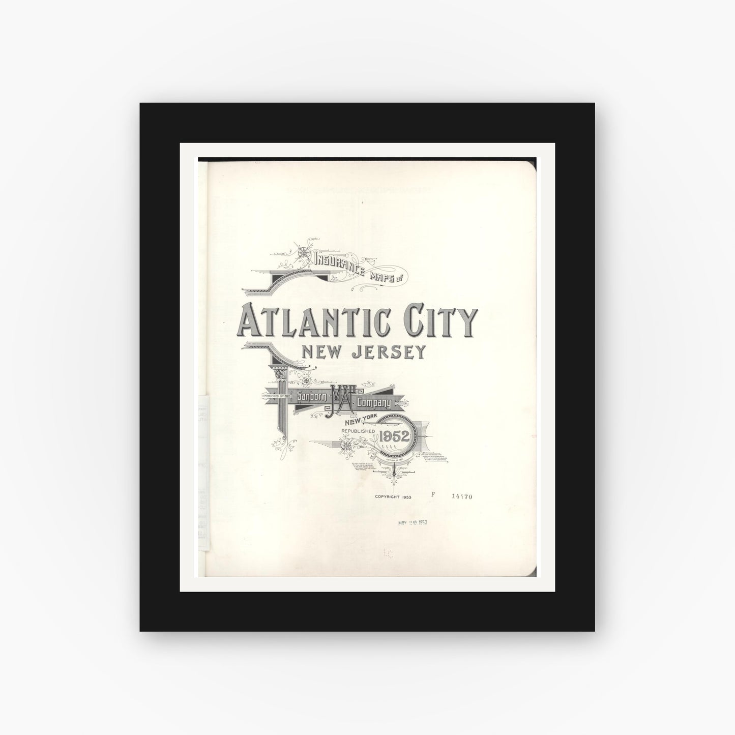 Old map wall art mockup — black gallery frame with white mat — Sanborn Fire Insurance Map from Atlantic City, Atlantic County, New Jersey (1952), Sheet #0001