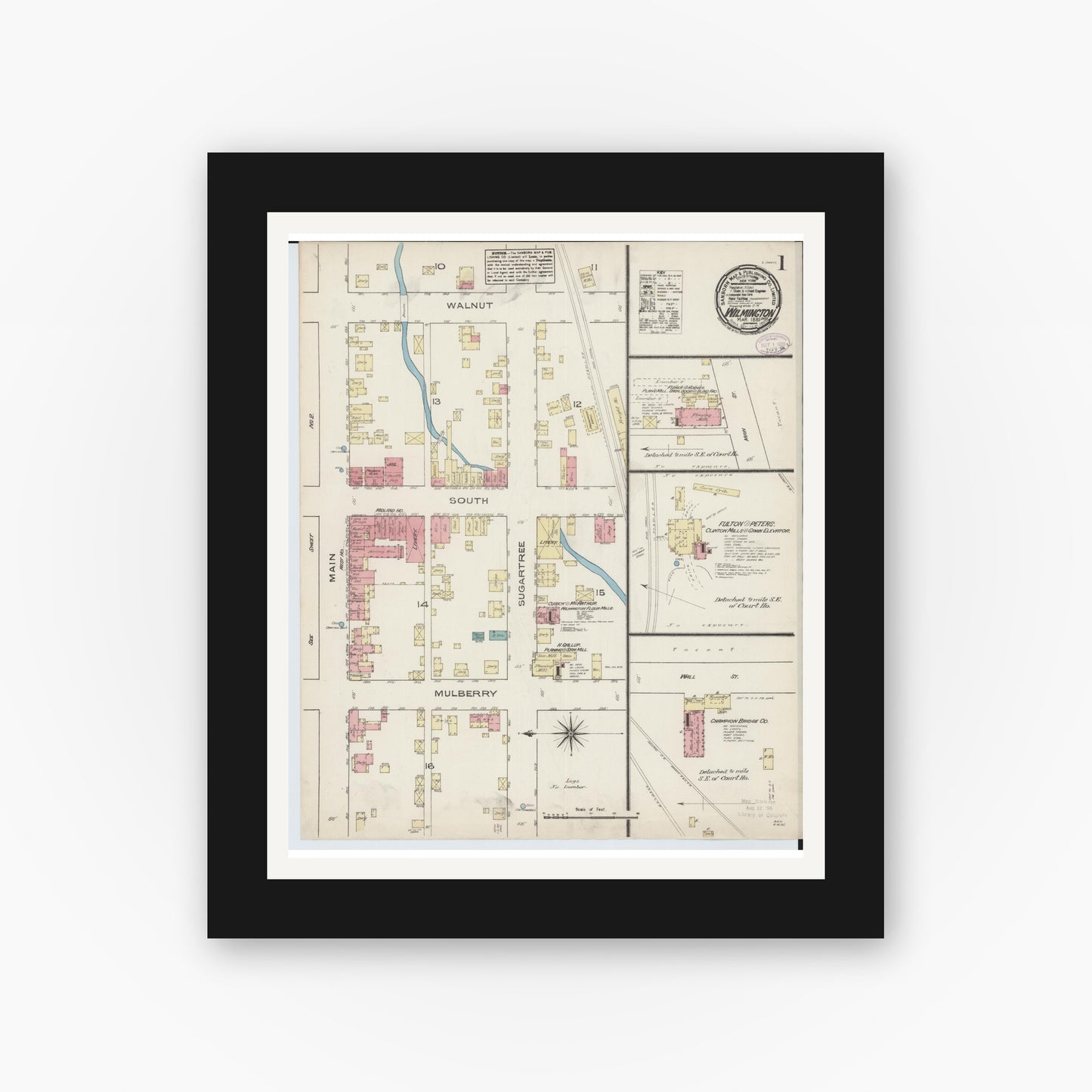 Old map wall art mockup — black gallery frame with white mat — Sanborn Fire Insurance Map from Wilmington, Clinton County, Ohio (1885), Sheet #0001
