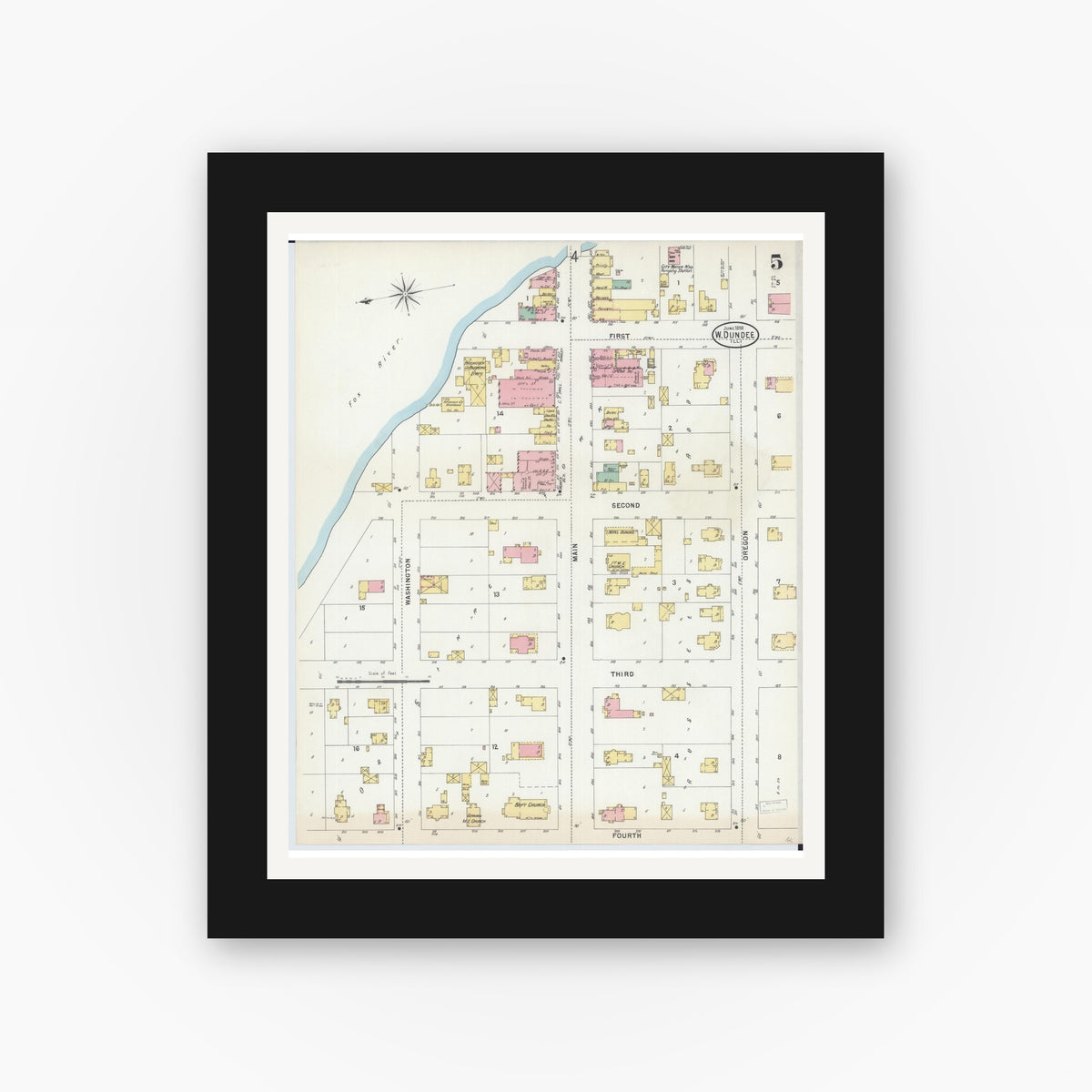 Old map wall art mockup — black gallery frame with white mat — Sanborn Fire Insurance Map from Dundee, Kane County, Illinois (1898), Sheet #0005