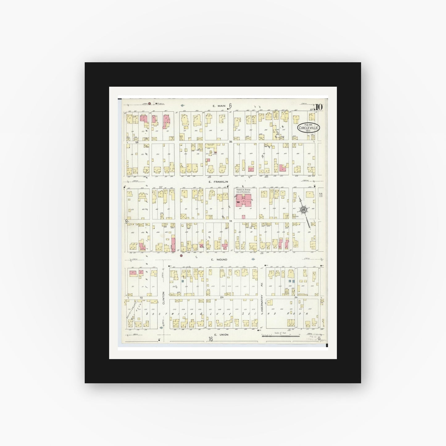 Old map wall art mockup — black gallery frame with white mat — Sanborn Fire Insurance Map from Circleville, Pickaway County, Ohio (1914), Sheet #0010