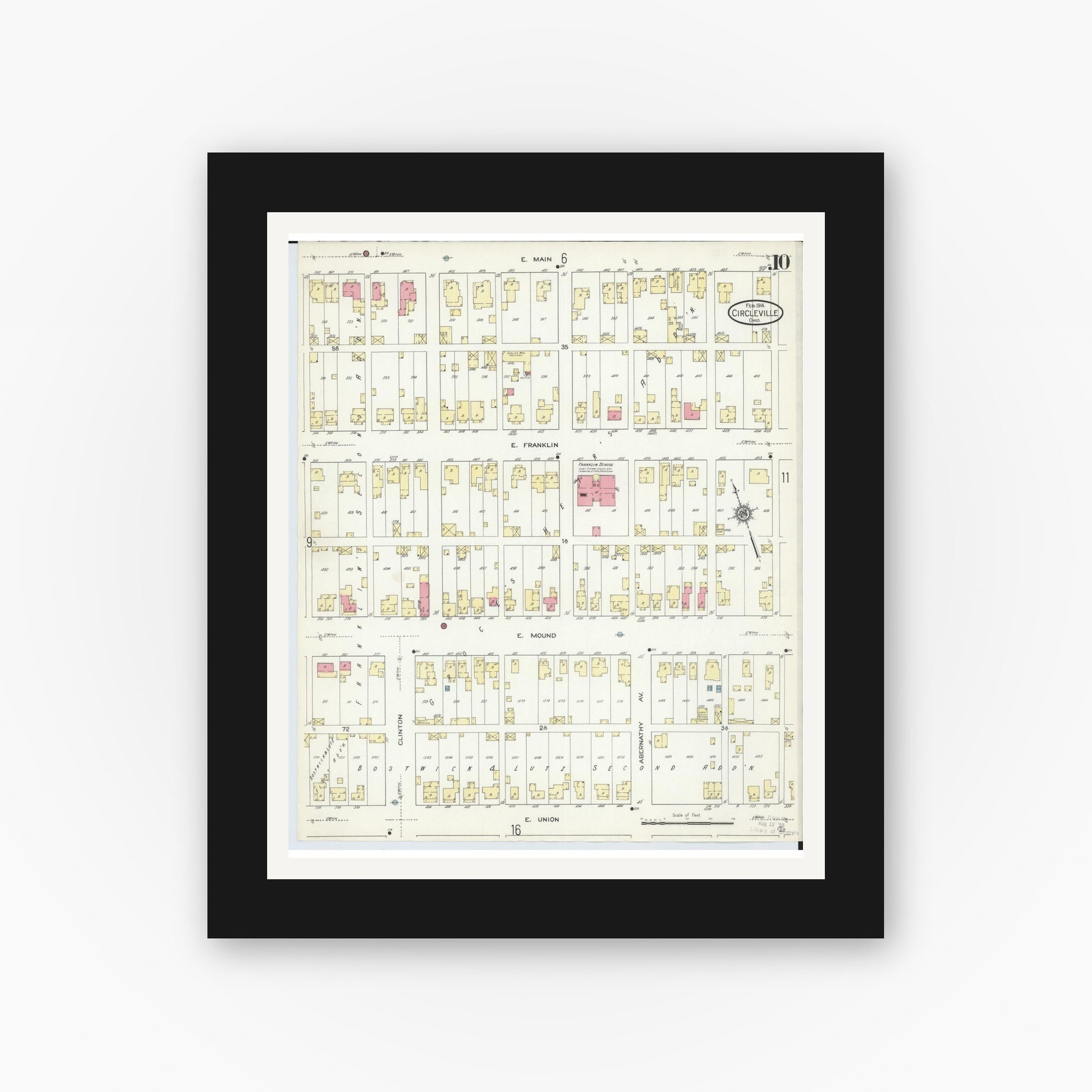Old map wall art mockup — black gallery frame with white mat — Sanborn Fire Insurance Map from Circleville, Pickaway County, Ohio (1914), Sheet #0010