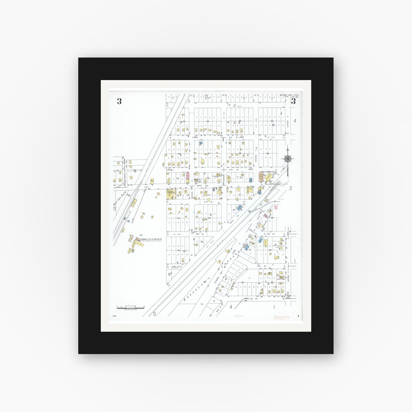 Old map wall art mockup — black gallery frame with white mat — Sanborn Fire Insurance Map from Moose Lake, Carlton County, Minnesota (1951), Sheet #0003