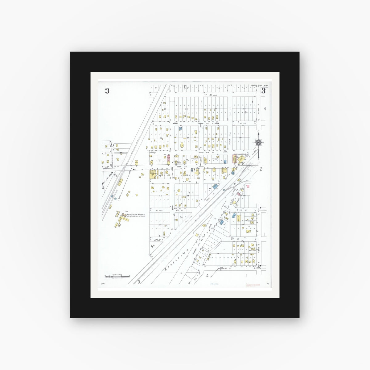 Old map wall art mockup — black gallery frame with white mat — Sanborn Fire Insurance Map from Moose Lake, Carlton County, Minnesota (1951), Sheet #0003