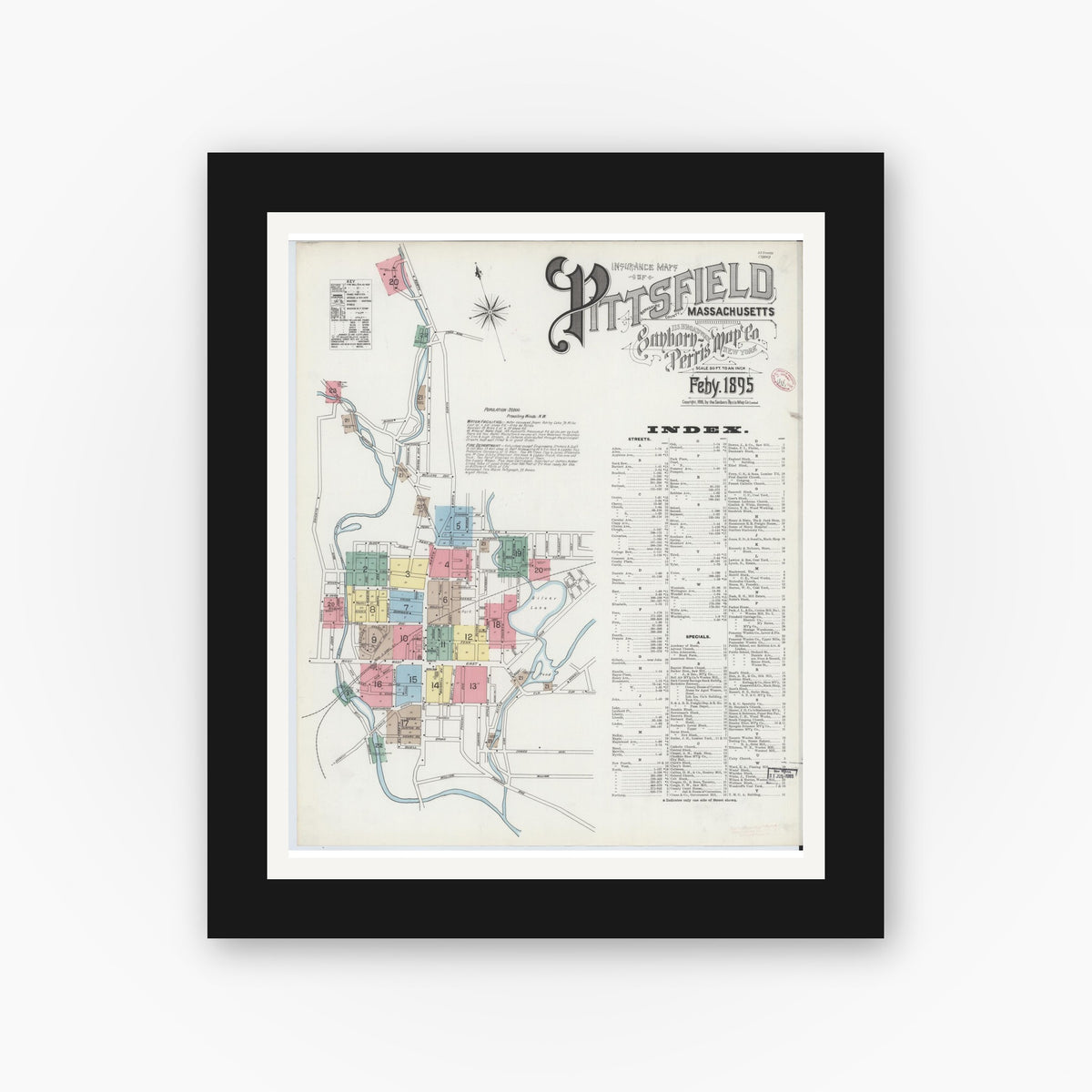 Old map wall art mockup — black gallery frame with white mat — Sanborn Fire Insurance Map from Pittsfield, Berkshire County, Massachusetts (1895), Sheet #0001