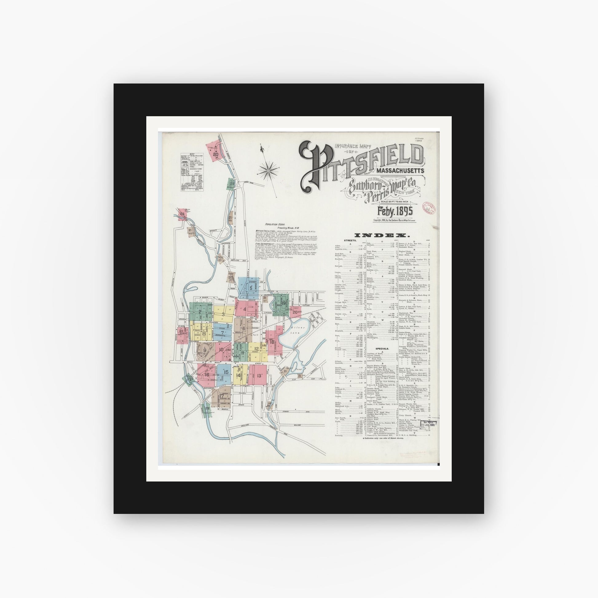 Old map wall art mockup — black gallery frame with white mat — Sanborn Fire Insurance Map from Pittsfield, Berkshire County, Massachusetts (1895), Sheet #0001